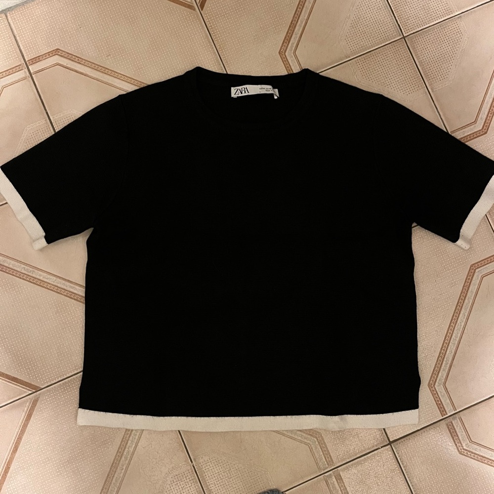 Zara Black Crewneck Knit Tee with Subtle Trim